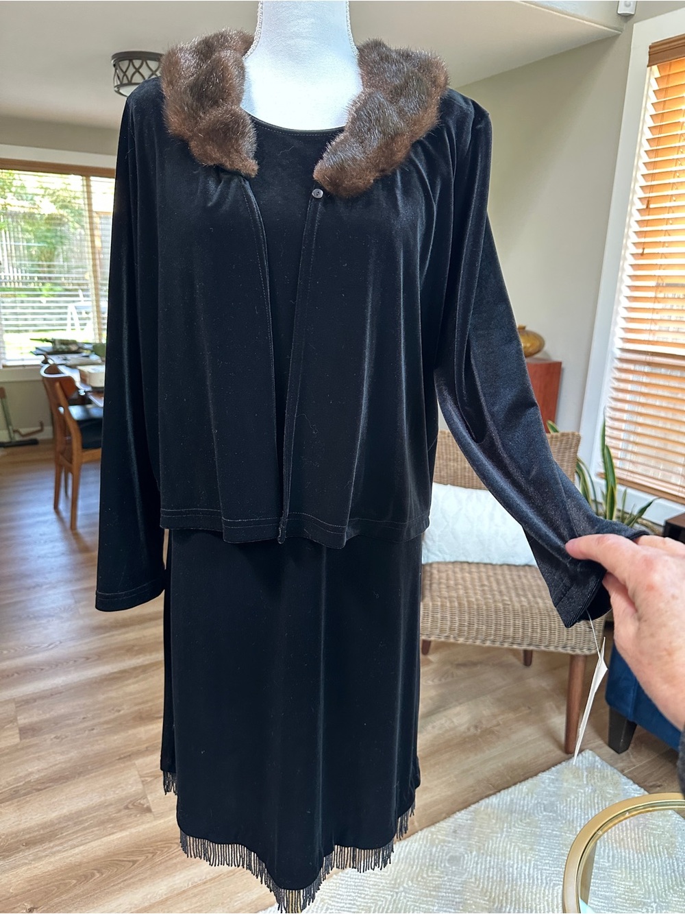 Vintage new with tags velvet dress set with beaded hem and faux fur collar. Rare